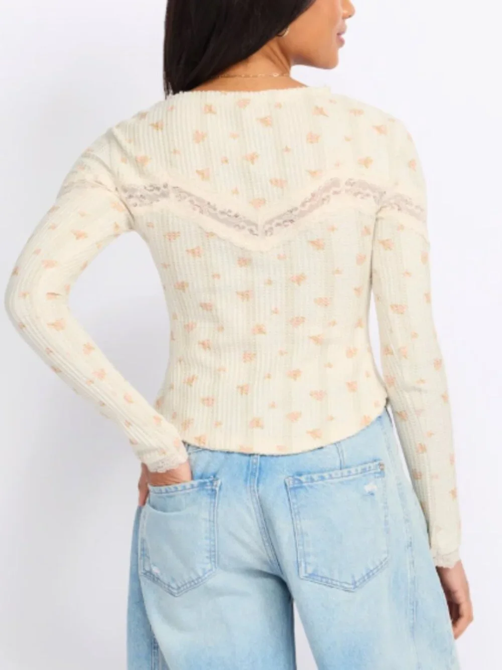 Free People Let's Party Cardi Thermal Top XS Womens Cream Pink Lace KWaffle Knit